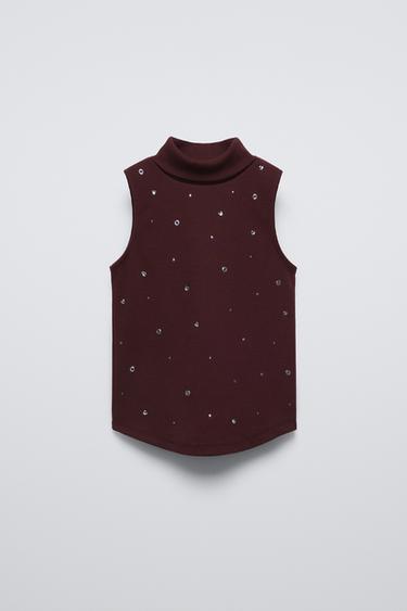 Zara RHINESTONE TURTLENECK RIBBED TANK - Maroon