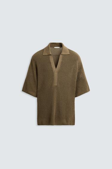 Zara PEARL KNIT POLO SHIRT - Khaki