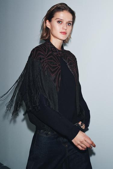 Zara BEADED FRINGE TULLE TOP - Black