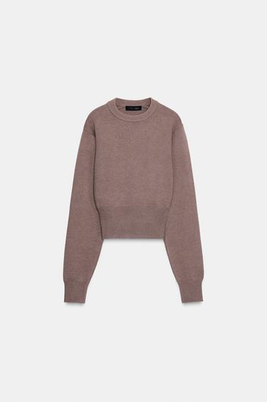 PLAIN KNIT CROPPED JUMPER - Brown / Taupe by Zara