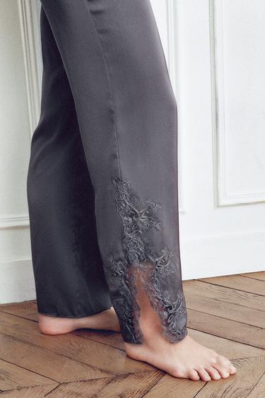 PANTALÓN SATINADO ENCAJE - Gris antracita de Zara
