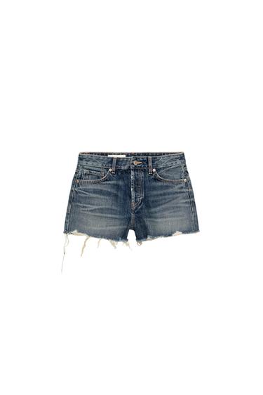 Zara RIPPED MID-RISE TRF DENIM SHORTS - Blue