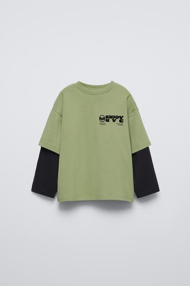 DOUBLE-SLEEVE T-SHIRT WITH FLOCKED LOGO - washed green by Zara