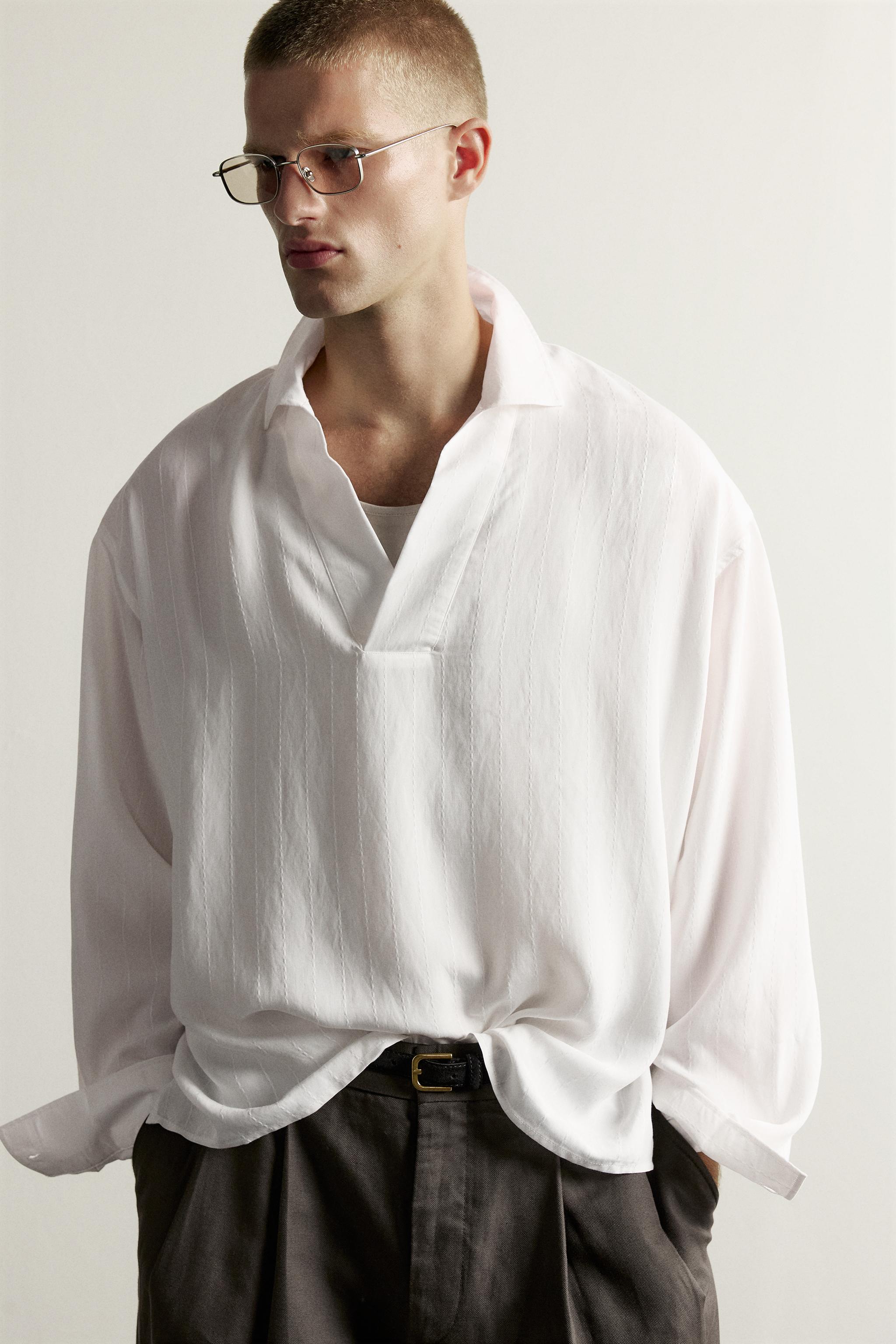 Мужские рубашки Zara RELAXED FIT STRIPED JACQUARD POLO SHIRT — фото 5