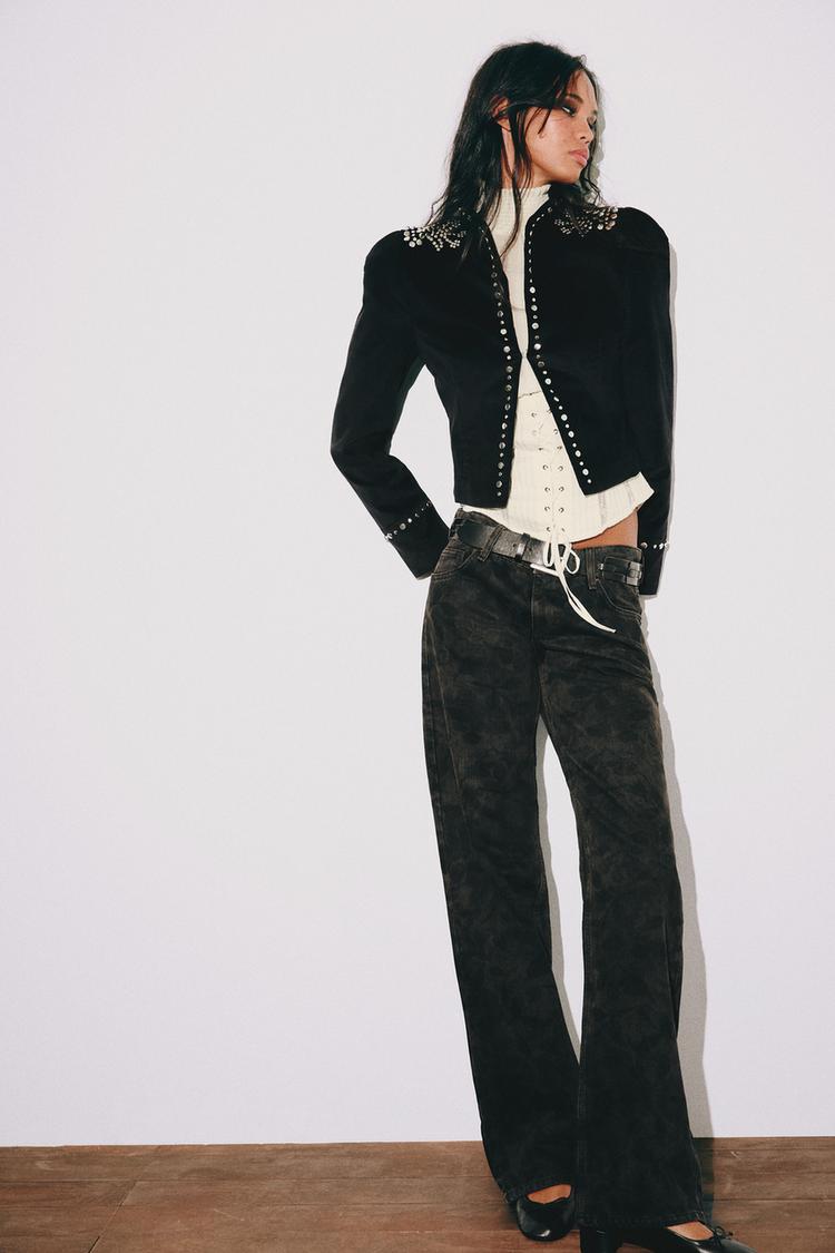 Wide leg fit tiro bajo estampado trf jeans
