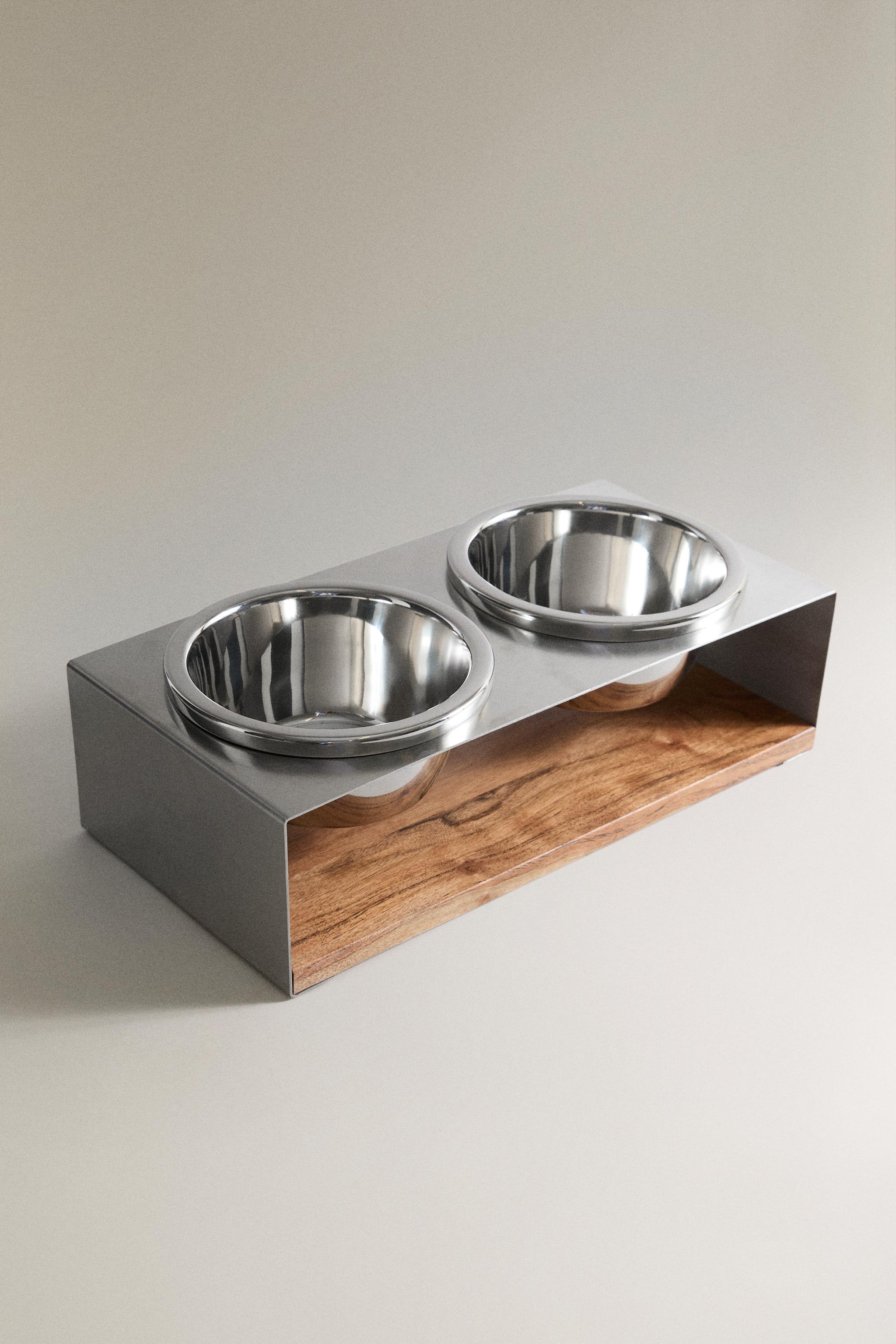 SET OF PET FOOD BOWLS WITH STAND — Matte silver