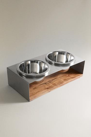 SET OF PET FOOD BOWLS WITH STAND - Matte silver by Zara