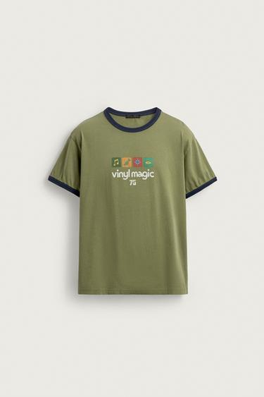Zara CONTRAST RIB WASHED GRAPHIC T-SHIRT - Khaki