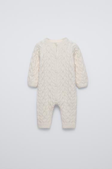 Zara CABLE KNIT JUMPSUIT - Ecru