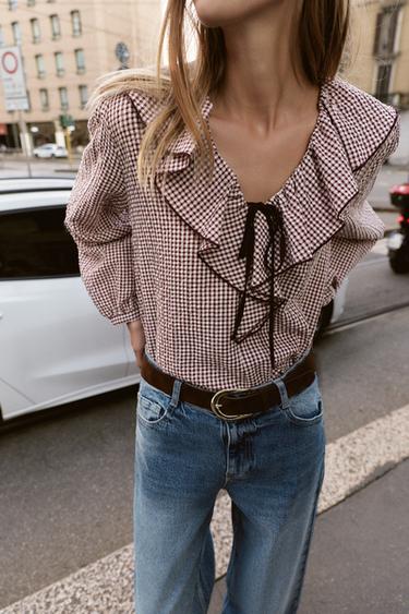 Zara RUFFLED GINGHAM BLOUSE - Bordeaux / Ecru