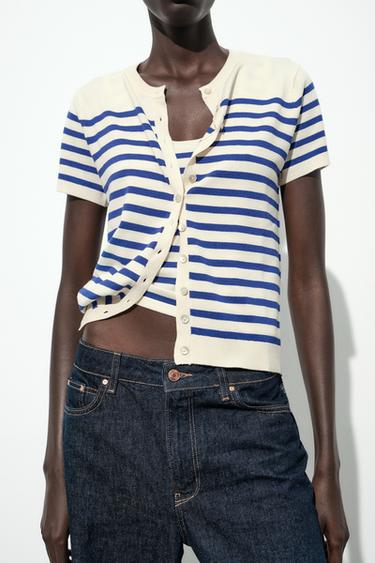 Zara SHORT-SLEEVE STRIPED KNIT JACKET - Ecru / Blue