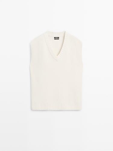 Chaleco punto largo 100% lana - Blanco roto de Zara