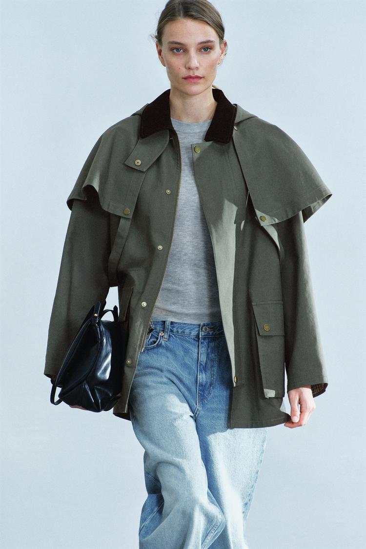 ZW COLLECTION CONTRAST-COLLAR HOODED TRENCH COAT — Gray green