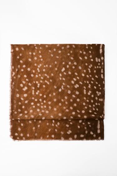 Zara MODAL SILK PRINTED SCARF - Ecru / Brown