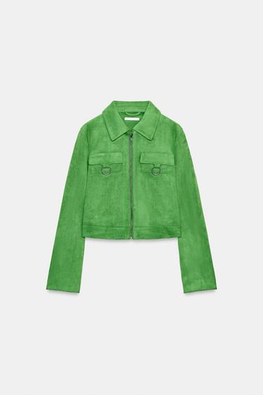 جاكيت قصير بمظهر جلد السويد - أخضر تفاحي الخاص بـ Zara