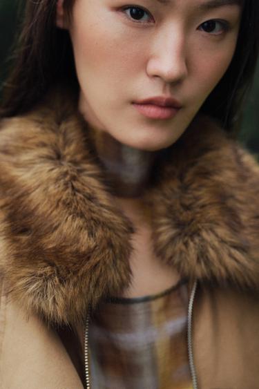 Zara ZW COLLECTION 毛領飛行員夾克 - 深駝色