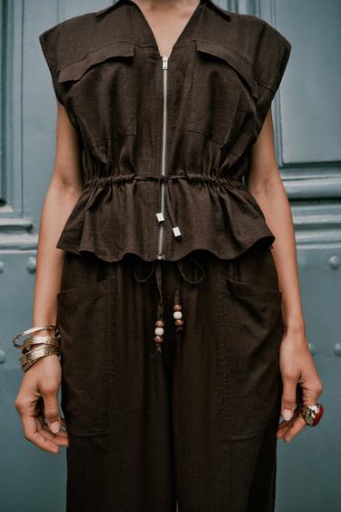 SAFARI LINEN BLEND TOP - Brown by Zara