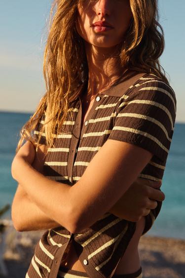 STRIPED POLO COLLAR TOP - Brown by Zara