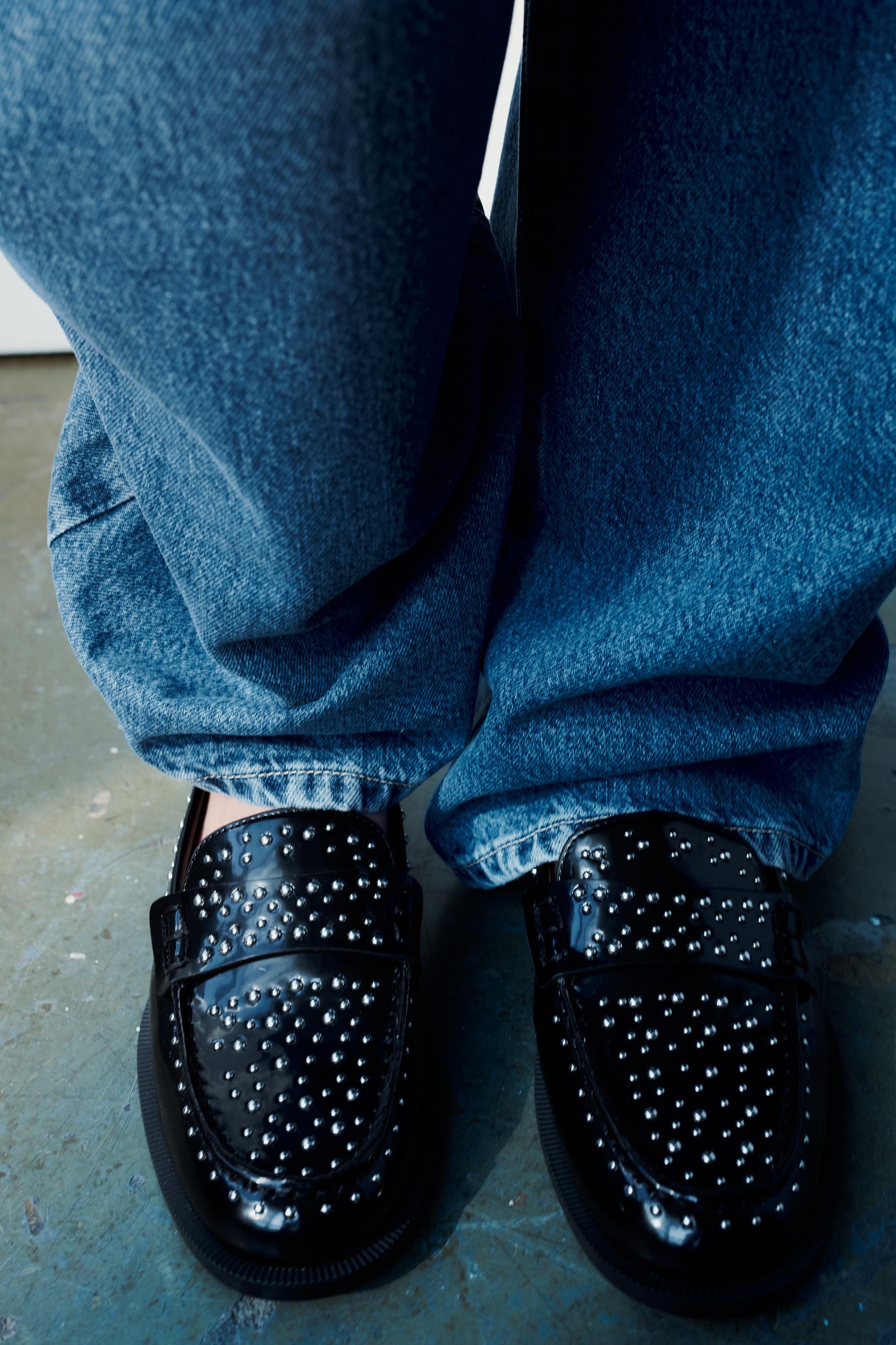 FAUX PATENT LEATHER FLAT PENNY LOAFERS - Black