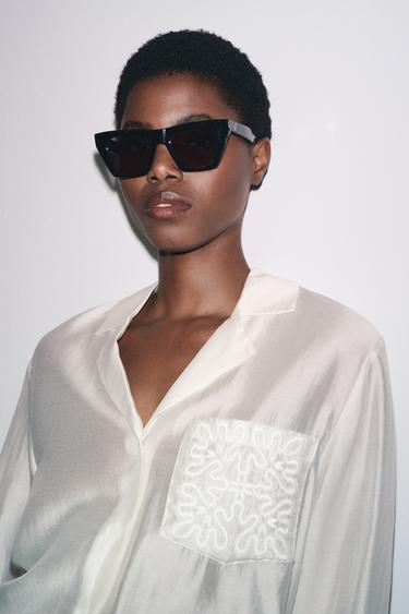 Zara ZW COLLECTION EMBROIDERED POCKET SHIRT - Oyster-white