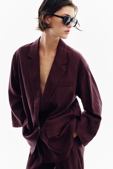 Zara LINEN BLEND DOUBLE BREASTED BLAZER - Eggplant
