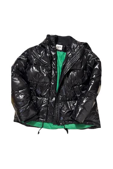ZARA SHINY BLACK PUFFER WITH GREEN