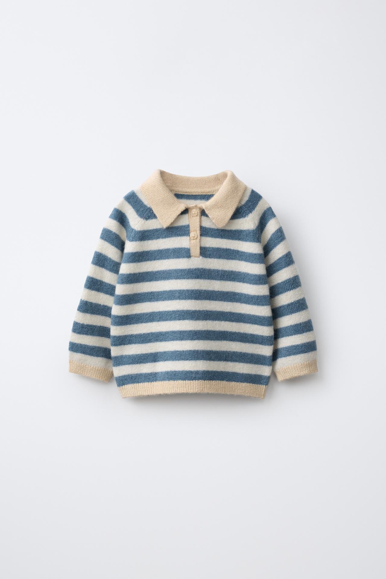 STRIPED KNIT POLO JUMPER — Mid-blue