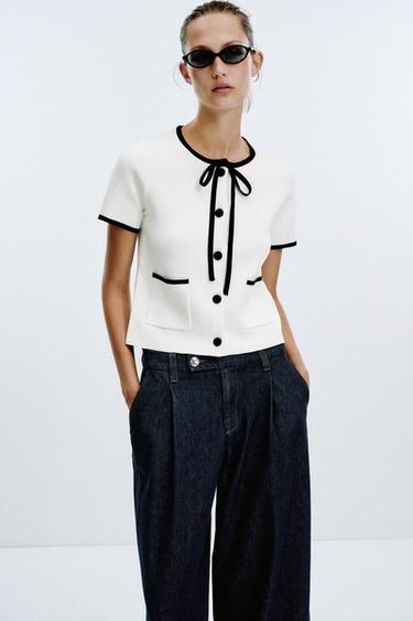 Zara CONTRAST TRIM CARDIGAN - White