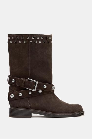 STUDDED SPLIT SUEDE ANKLE BOOTS - Brown by Zara