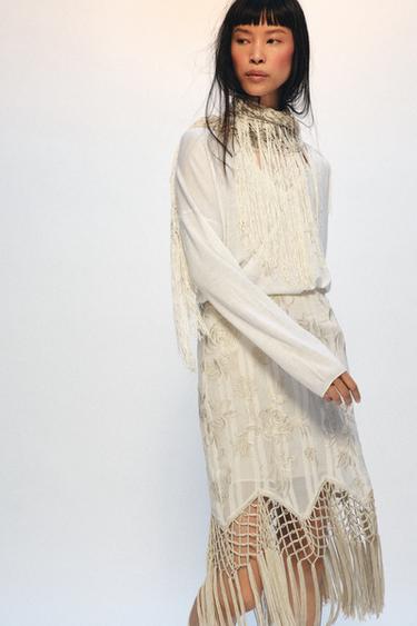 ZW COLLECTION EMBROIDERED FRINGED SKIRT - Ecru by Zara