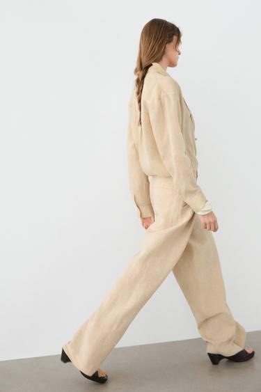Pantalon wide leg en lin avec poches - Sable de Zara