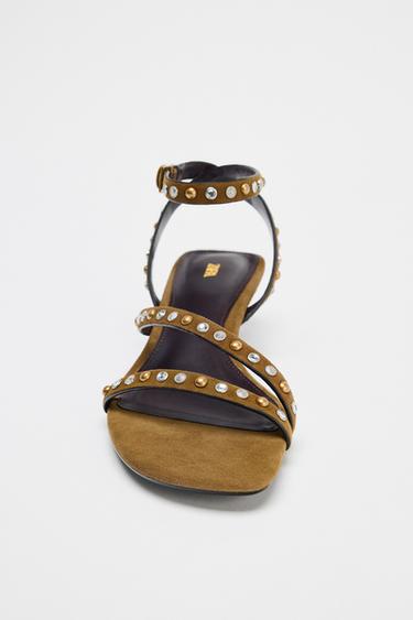 SPLIT SUEDE STUDDED KITTEN HEEL SANDALS - Olive Green by Zara - Image 2