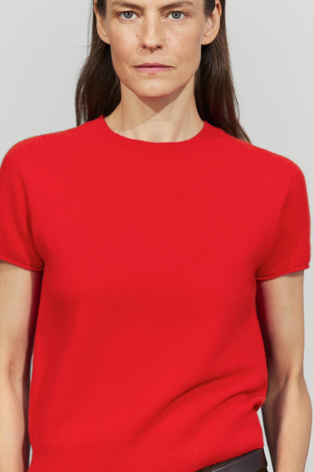 100% cashmere short sleeve knit sweater — Red