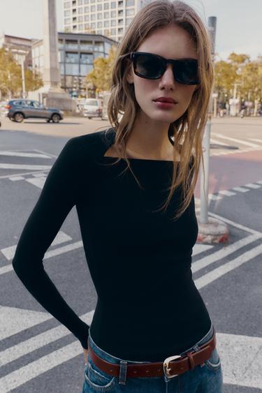 RIBBED LONG SLEEVE T-SHIRT - Black by Zara