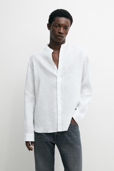 100% linen regular fit stand collar shirt — White 1