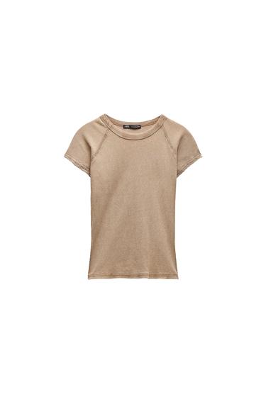 Front view of a beige t-shirt with short sleeves and a crew neck.