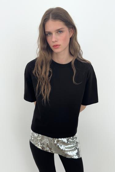ASYMMETRIC SEQUIN T-SHIRT - Black by Zara