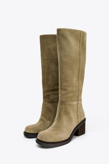 STITCHED SPLIT SUEDE HEELED BOOTS - Taupe Grey by Zara - Image 1