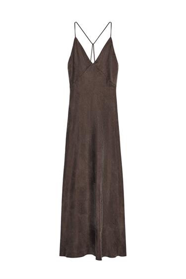 Front view of a brown dress with spaghetti straps and a V-neck.