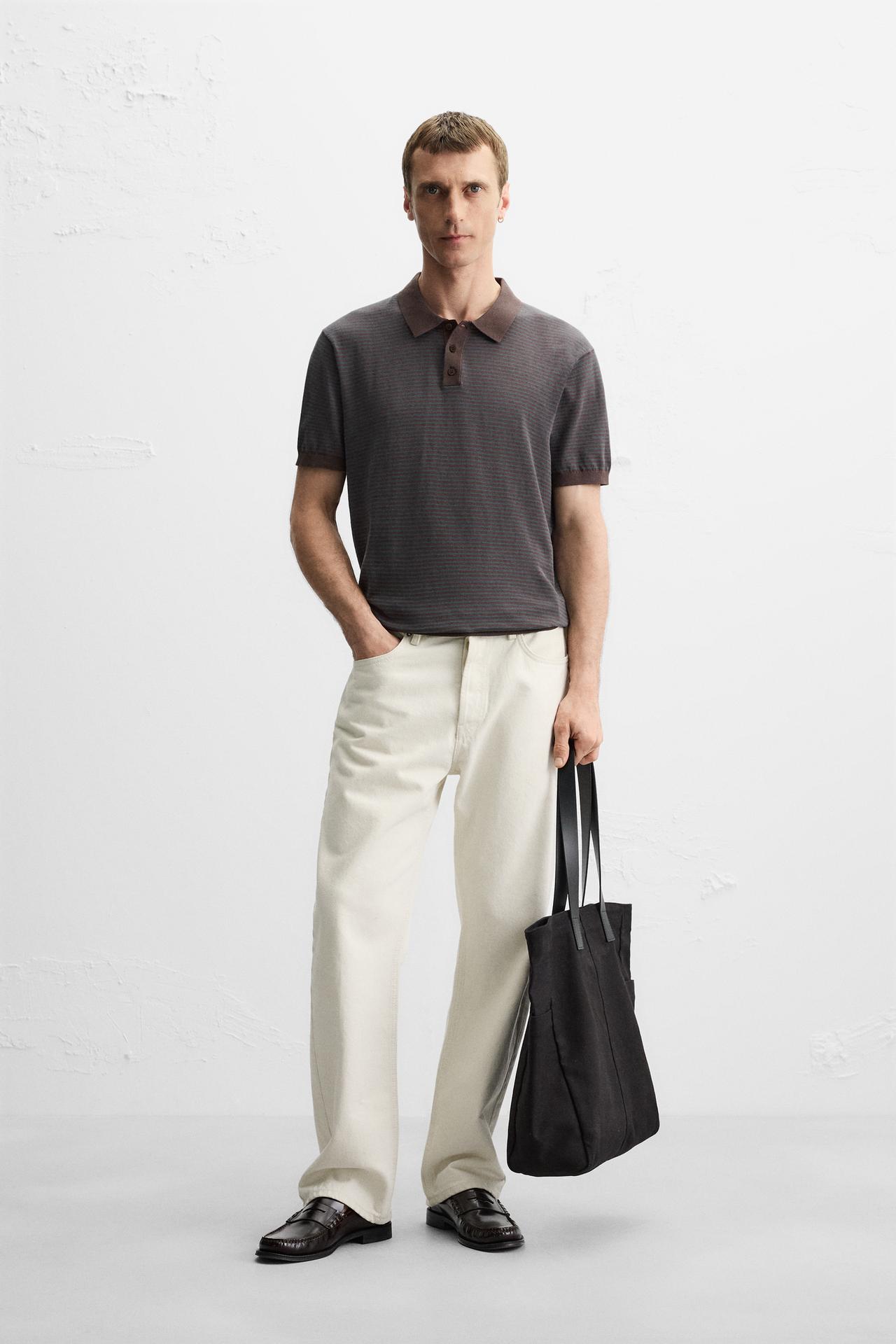 STRIPED JACQUARD KNIT POLO SHIRT - Brown / Green by Zara
