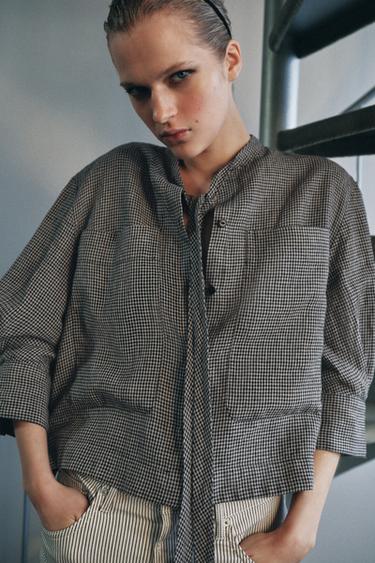 Zara ZW COLLECTION PLAID LINEN SHIRT - Ecru / Black