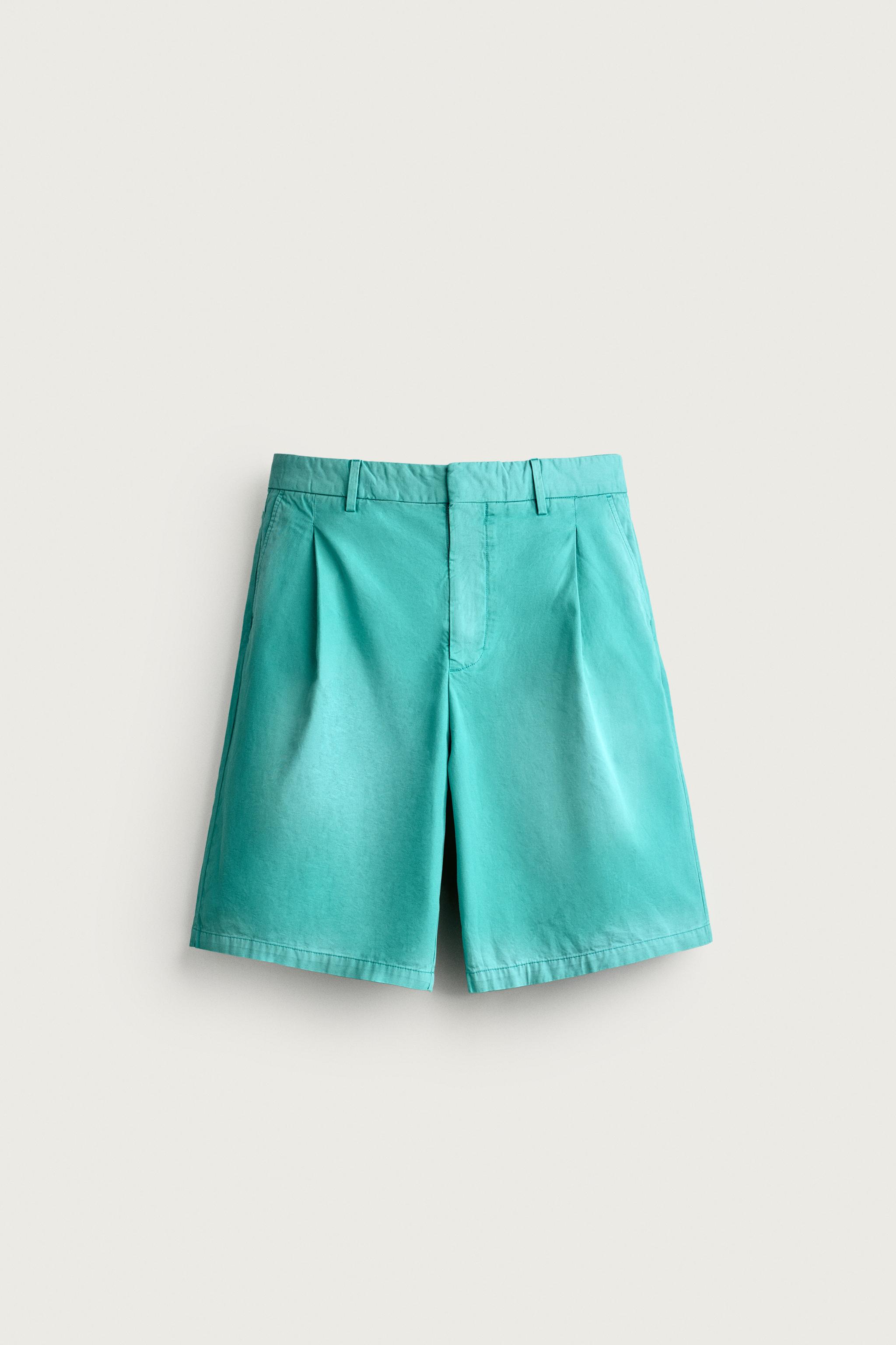 RELAXED FIT PLEATED WASHED BERMUDA SHORTS — Turquoise