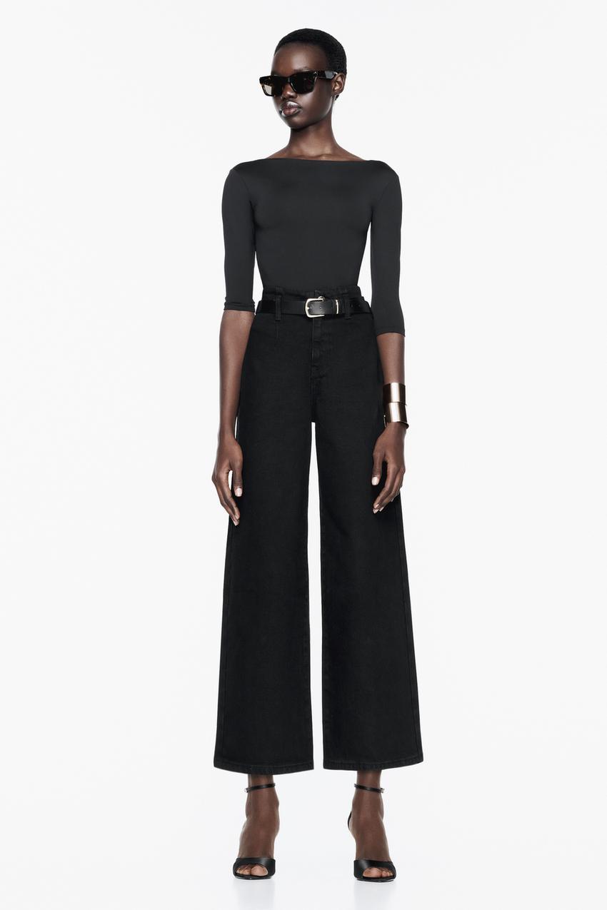 Z1975 BELTED HIGH RISE CROPPED WIDE LEG JEANS - Black