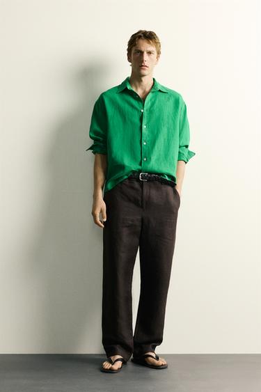 Zara 100% LINEN RELAXED FIT SHIRT - Green - Image 0
