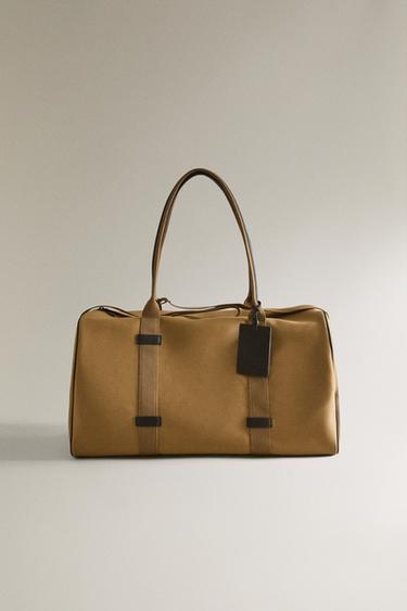 COTTON AND LEATHER TRAVEL BAG - Beige by Zara