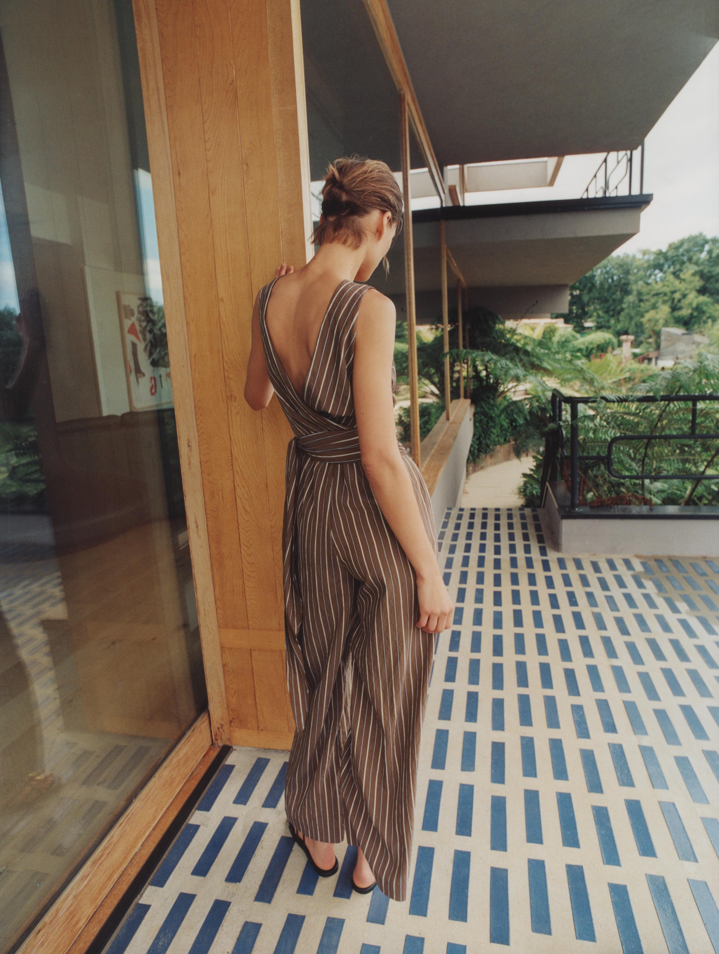 STRIPED BELTED JUMPSUIT — Brown-Blue