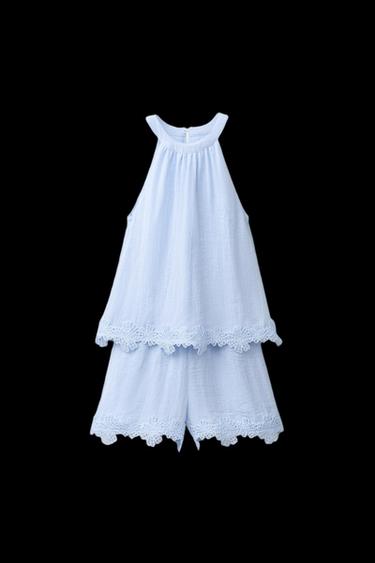 Zara EMBROIDERED HALTER SHORT JUMPSUIT - Blue - Image 0