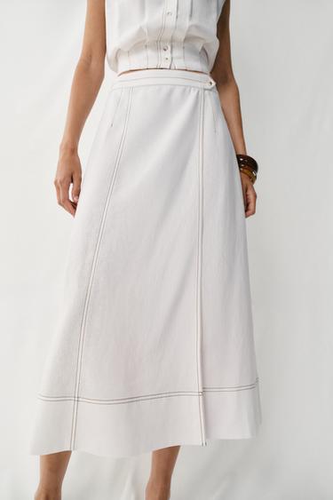 Zara LINEN WRAP SKIRT WITH TOPSTITCHING - White
