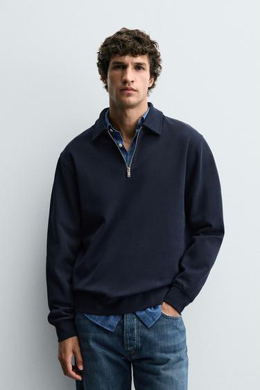 Zara INTERLOCK ZIP POLO SHIRT - Navy blue