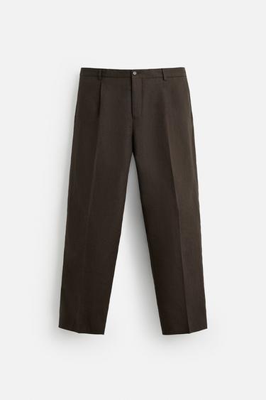 Zara 100% 亞麻細褶長褲 - 巧克力色